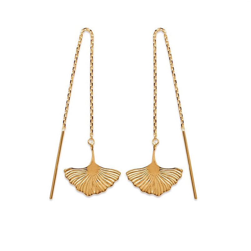 Boucles d’oreilles chaînettes Phuket en plaqué or 3 microns avec pendentif ginkgo