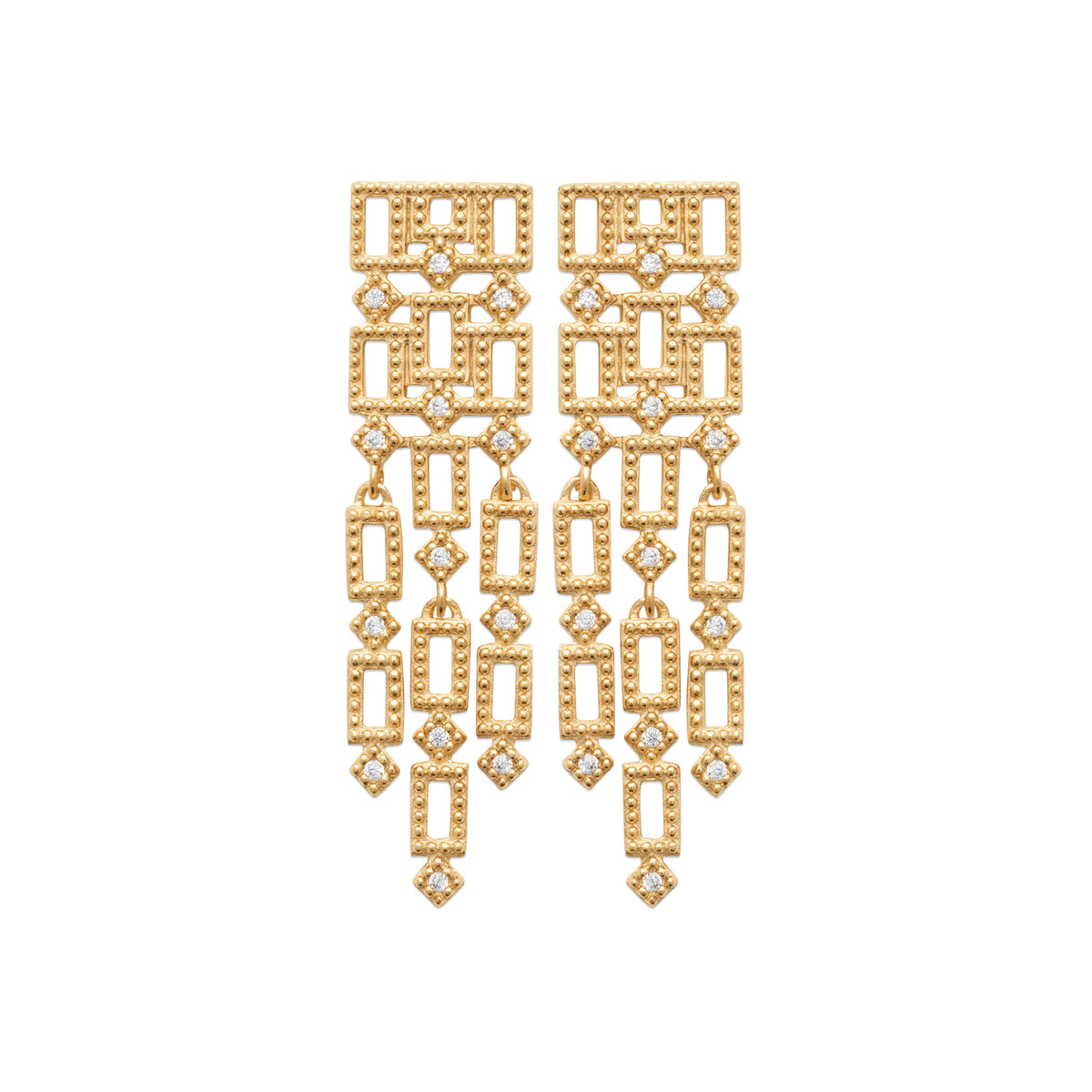 Boucles d’oreilles pendantes Tahiti en plaqué or 3 microns avec oxydes de zirconium, graphiques et ajourées