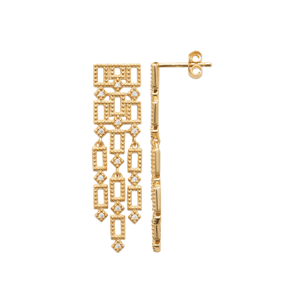 Boucles d’oreilles pendantes Tahiti en plaqué or 3 microns avec oxydes de zirconium, graphiques et ajourées, détails