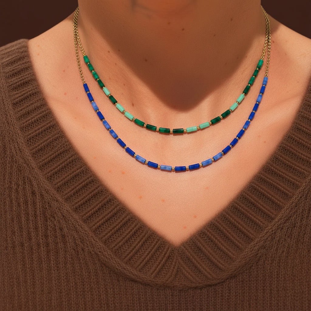 Colliers Martinique et Guadeloupe en perles bleues et vertes, plaqué or Ilima