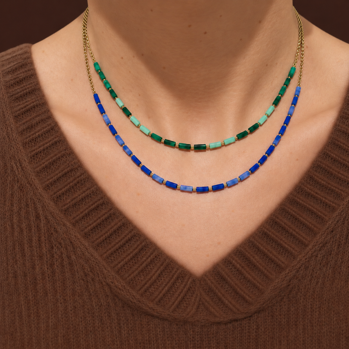 Colliers Martinique et Guadeloupe en perles bleues et vertes, plaqué or Ilima