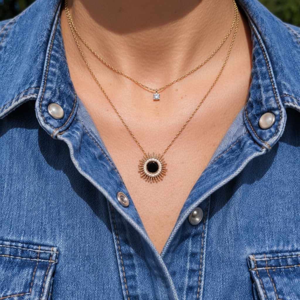 Collier Bora Bora soleil agate noire et collier Trinidad solitaire plaqué or Ilima