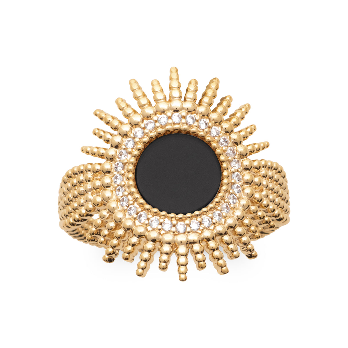 Bague Bora Bora plaquée or 3 microns, soleil avec agate noire centrale et oxydes de zirconium, détail