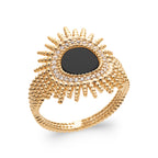 Bague Bora Bora plaquée or 3 microns, soleil avec agate noire centrale et oxydes de zirconium