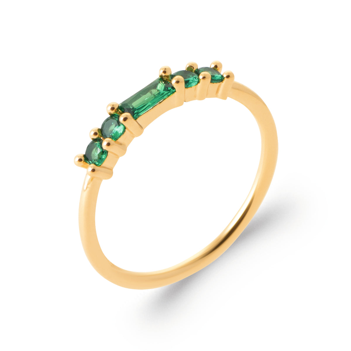 Bague Monte Cristo plaquée or 3 microns oxydes de zirconium verts, vue de côté
