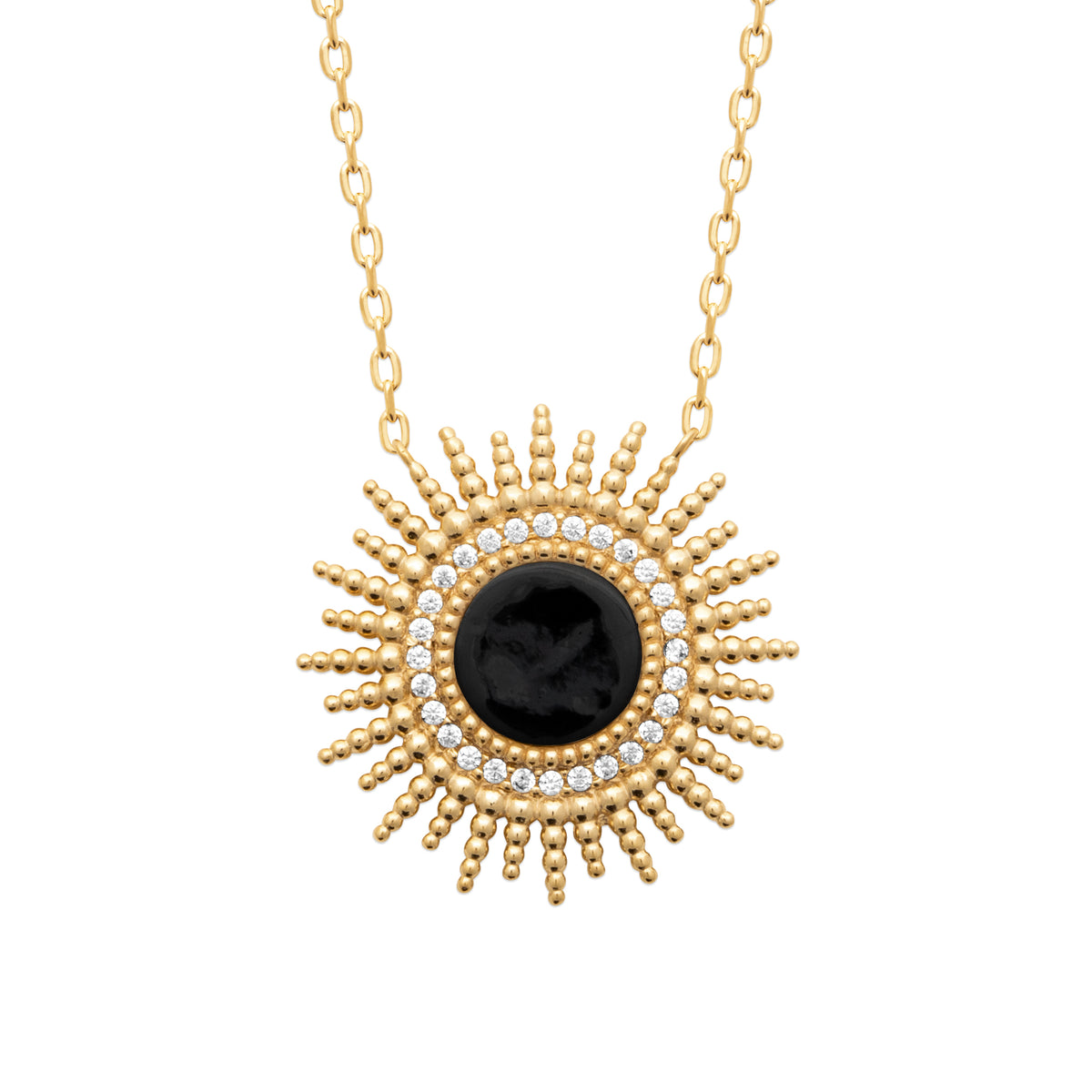 Collier Bora Bora plaqué or 3 microns soleil agate noire centrale et oxydes de zirconium