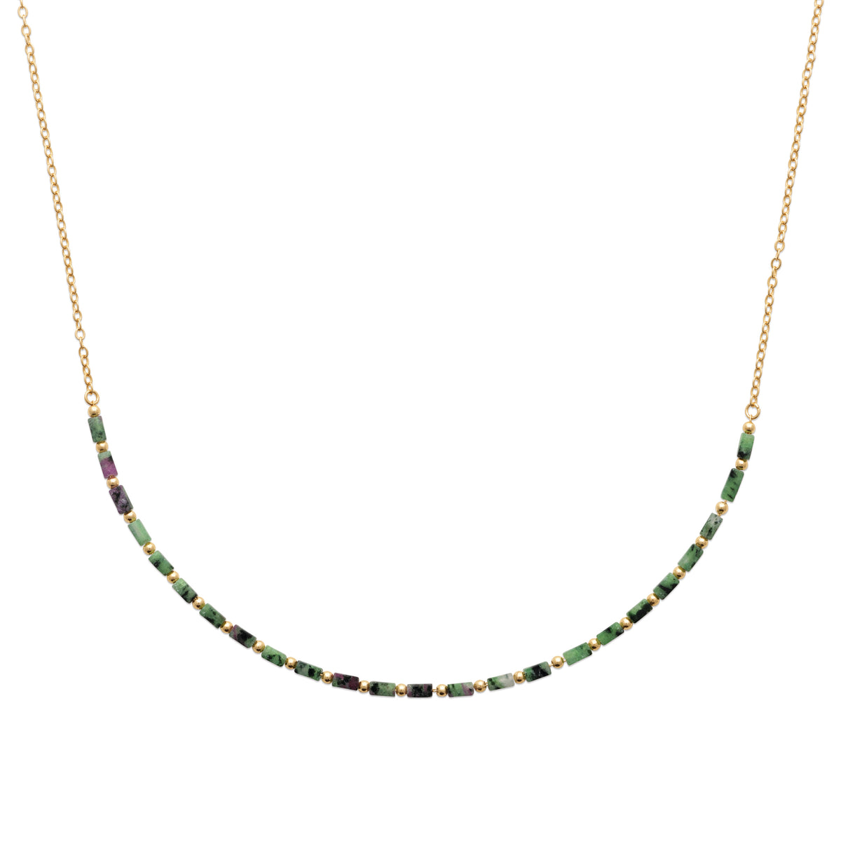 Collier Guadeloupe plaqué or 3 microns avec pierres fines rubis zoisites vertes