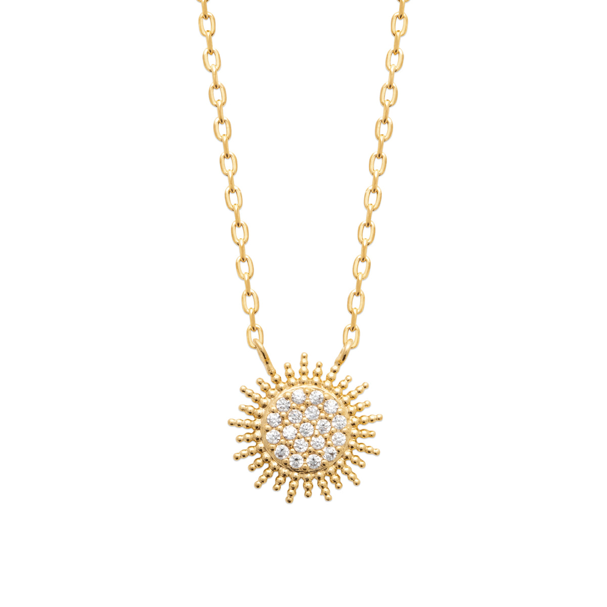 Collier Malte plaqué or 3 microns et pendentif soleil avec oxydes de zirconium, détail
