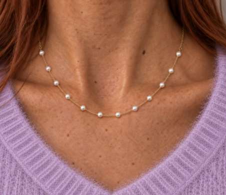Collier Panama plaqué or 3 microns et perles d'imitation, porté